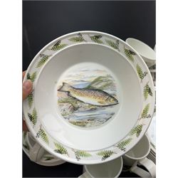 Portmeirion Complete Angler part tea and dinner service, including eleven dinner plates, five bowls, seven mugs etc together with two Royal Worcester cups and saucers