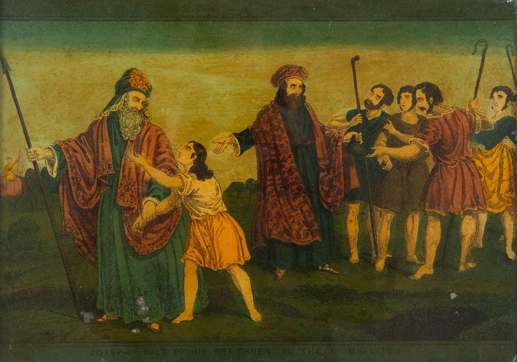 Four mid-19th century reverse glass mezzotints, 'Joseph sold by his brethren to the Ishmaelites' 'St Luke' 'St John' and 'St Matthew', 34cm x 24cm (4)