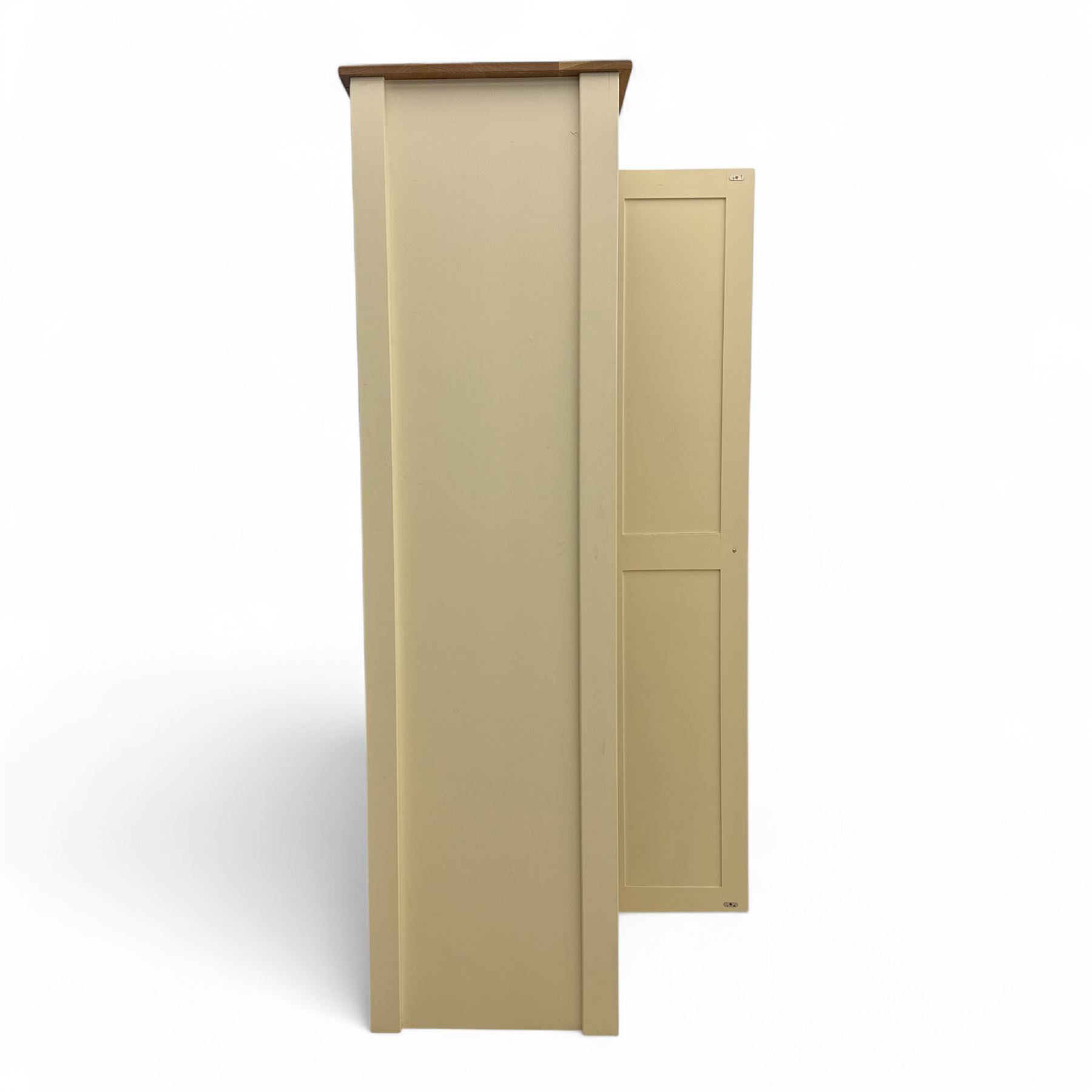 Contemporary painted pine single wardrobe, rectangular oak top over a single panelled door with round metal knob handle, enclosing part boarded interior with hanging rail and two fixed shelves