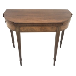  Manner of Gillows, George lll inlaid and cross banded mahogany bow break front card table, baise lined folding top on twin gate action square tapering supports, W96cm, H76cm, D92cm (max)  