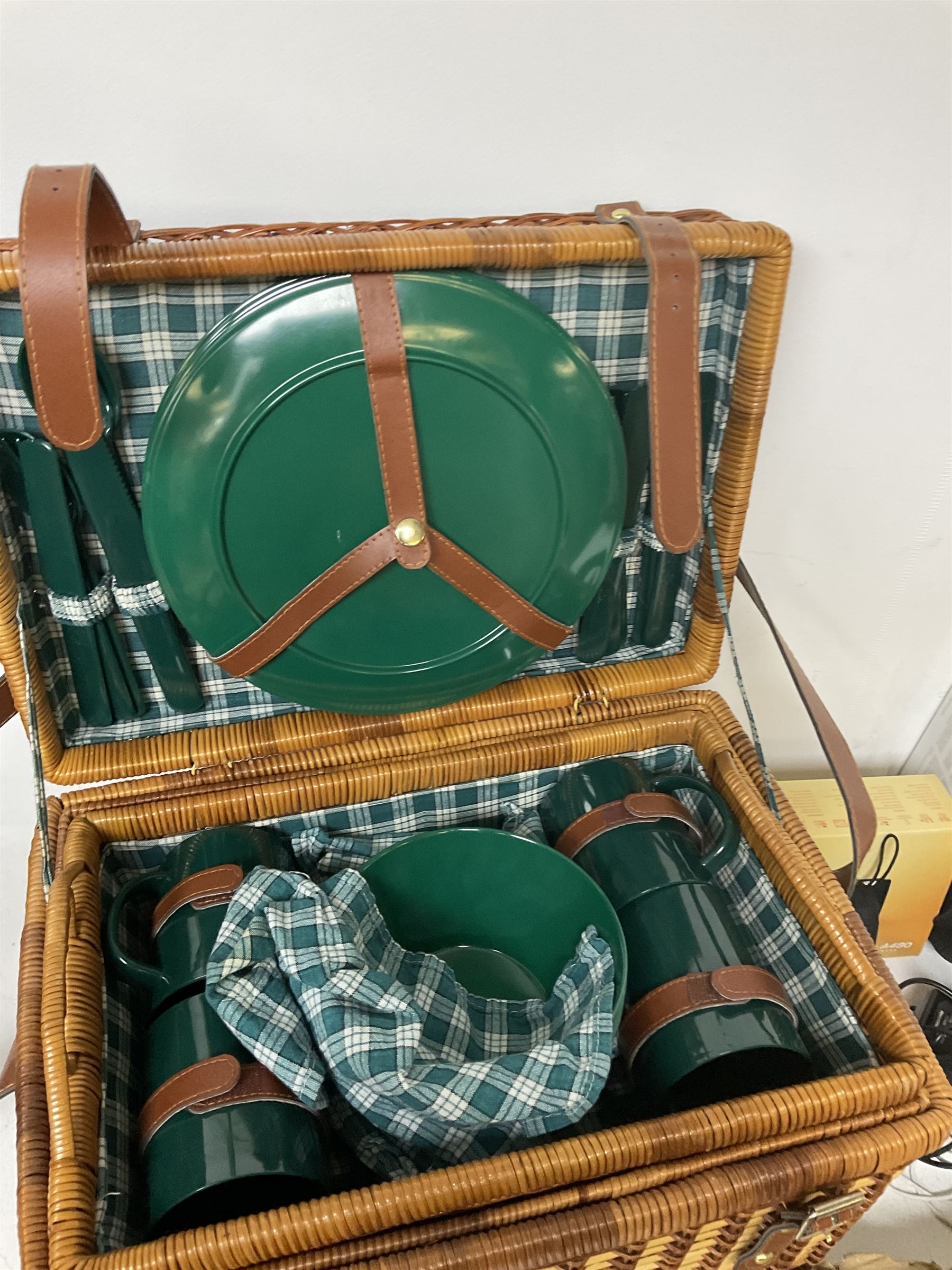 Canon Powershot A480 digital camera, in box, together with a Panasonic SDR-H86 digital video camera, Doro 5030 mobile phone, pair of Jessops Field Binoculars, two Weetabix diecast model cars, wicker picnic basket with plastic picnic ware and a collection of vinyl records