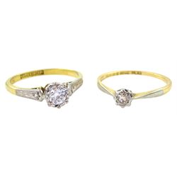 Two early 20th century 18ct gold and platinum single stone old cut diamond rings, both stamped, largest diamond approx 0.20 carat