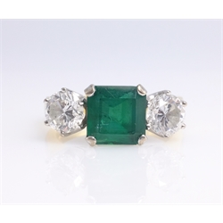  Emerald and diamond three stone gold ring, hallmarked 18ct emerald approx 2 carat, each diamond 0.6 carat maker's mark EF London  