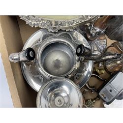 Quantity of silver plate and other metalware, to include pair of candlesticks, vinyl LPs and other misc etc in two boxes
