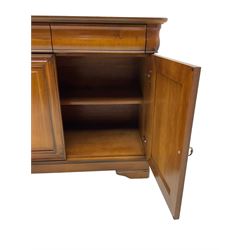Cherry wood sideboard, fitted with three cushion drawers over three panelled cupboard doors, on bracket feet
