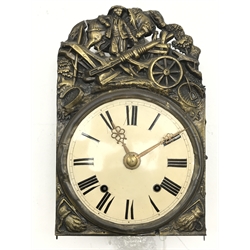  20th century French Comtoise wall clock, convex Roman dial with pressed brass cresting, twin train movement striking the half hours on a bell, H42cm   