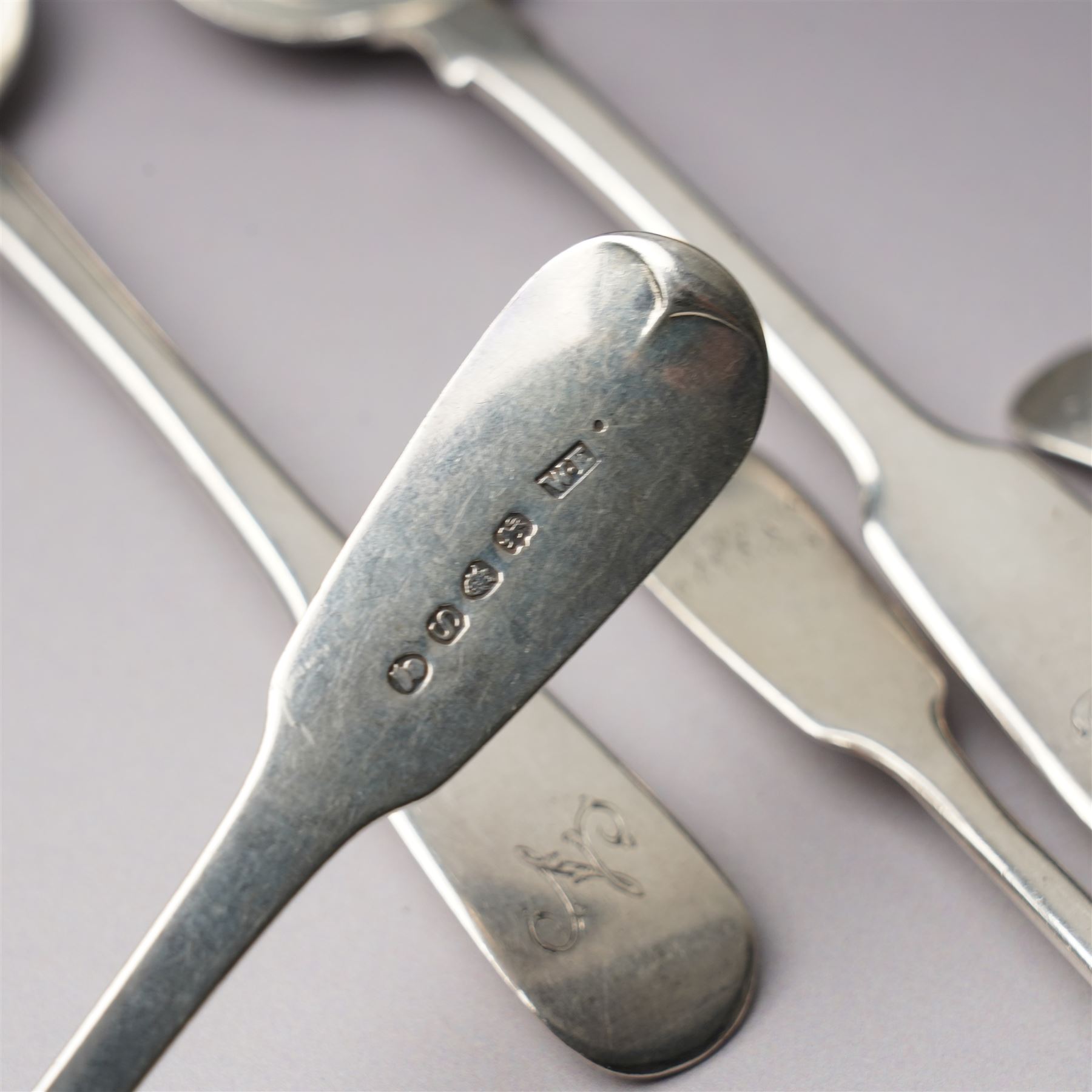 Pair of George III silver sauce ladles London 1799 Maker Richard Crossley, six various George III and Victoria silver dessert spoons, assorted tea spoons etc