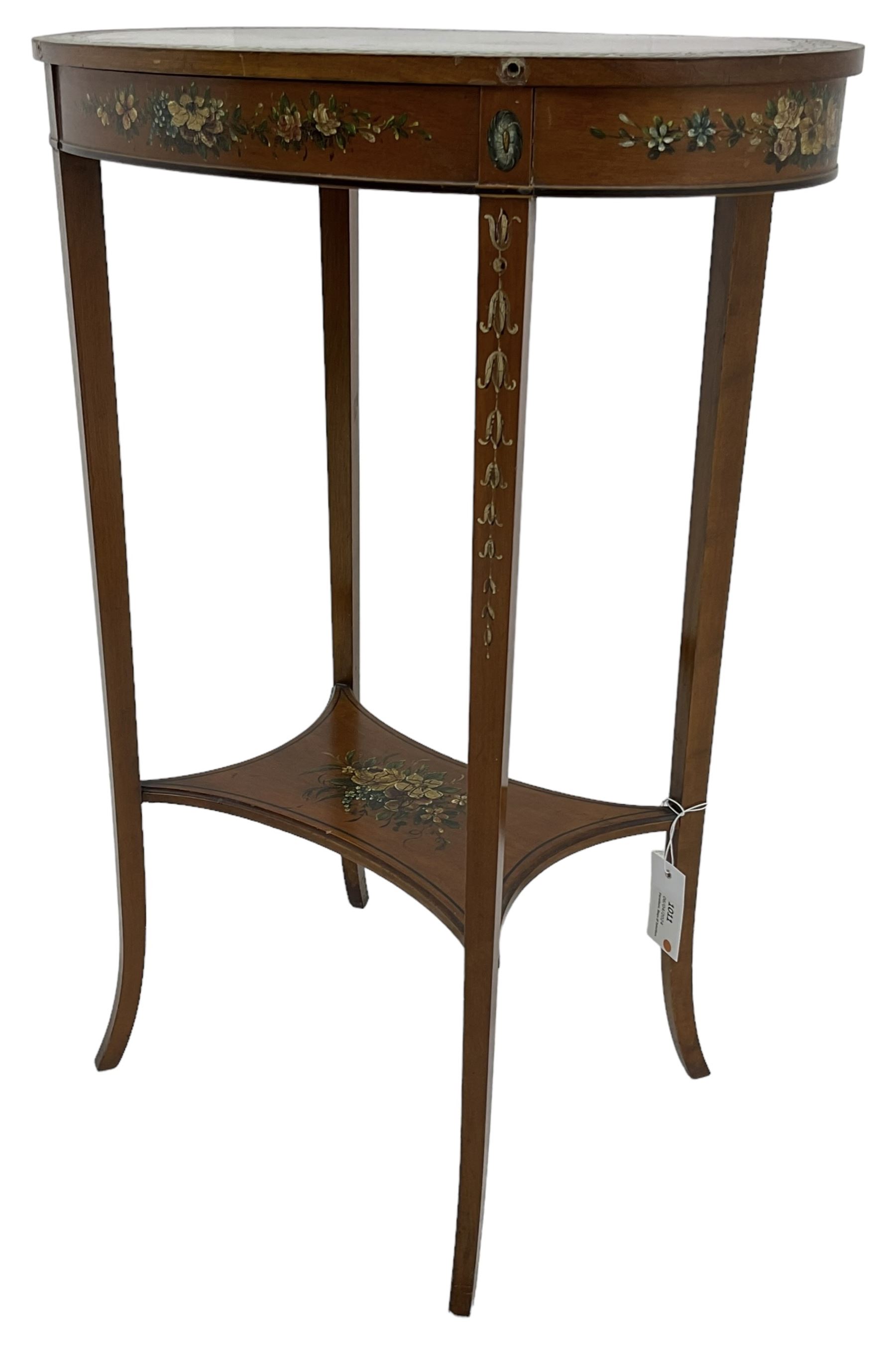 Edwardian satinwood side table, oval top hand painted with central fan motif and trailing flower heads, on square tapering supports terminating to out-splayed feet, united by moulded undertier 