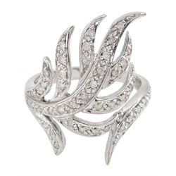 9ct white gold diamond set fern leaf ring, hallmarked