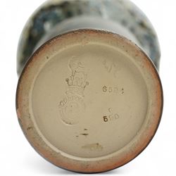 Pair of Royal Doulton stoneware vases, of baluster form with bulbous neck, with trailing white flowers and blue panel decoration, impressed mark and signature to base, 26cm (2)