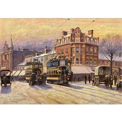 Robert Nixon (British 1955-): Tramway in the Snow, oil on canvas board signed and dated '97, 43cm x 60cm