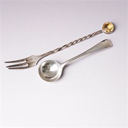 Small glass scent bottle with silver and red enamel cover, Edwardian silver cased scent flask with engraved decoration, heptagonal silver napkin ring, pair of small silver barrel shape salts, glass pepperette with silver and mother of pearl cover, small silver stone set fork by William Robb and a silver salt spoon