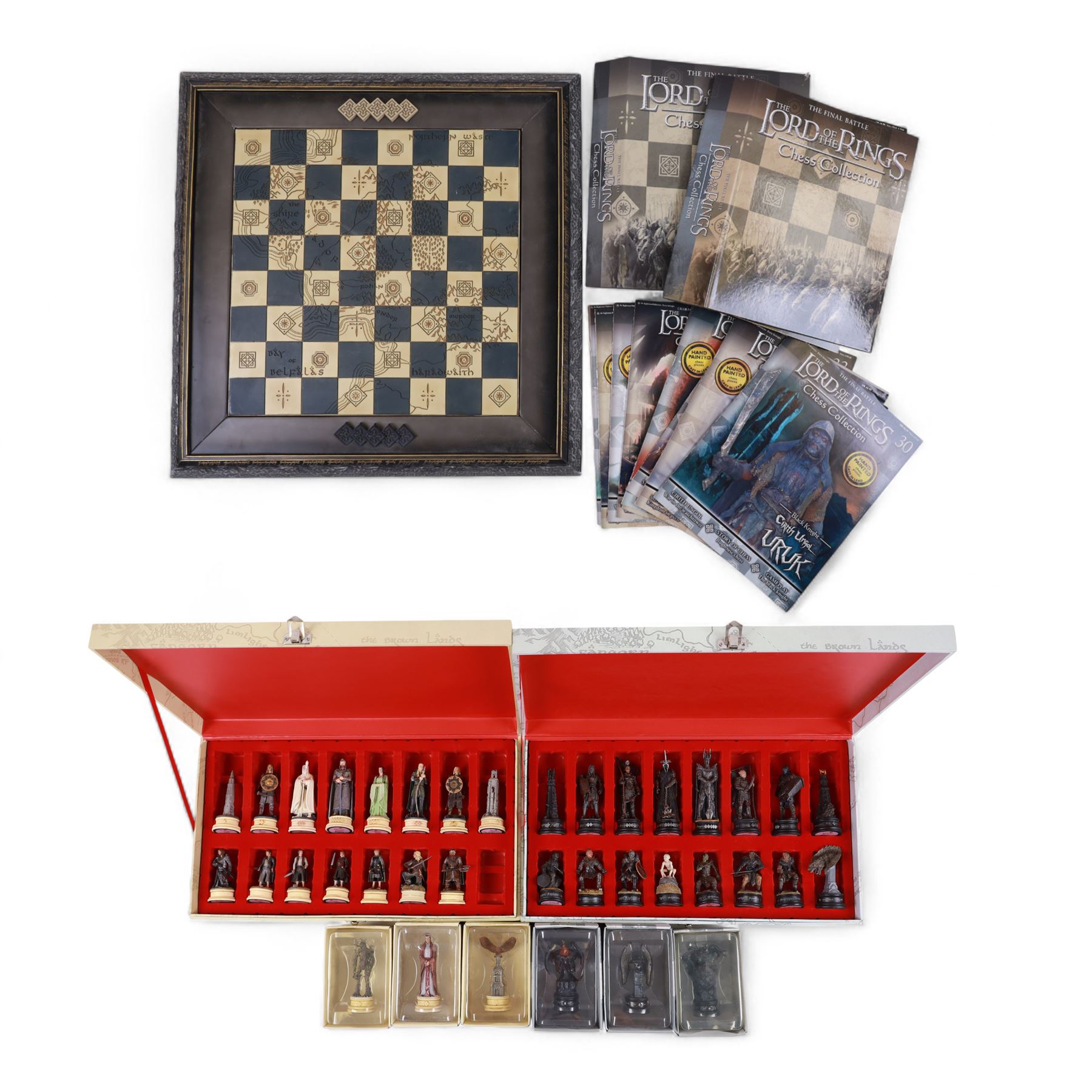 Eaglemoss Lord of the Rings chess set, with board, figural chess pieces, magazines and display cases