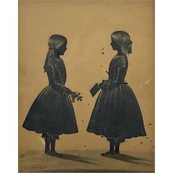 Samuel Metford (British 1810-1896): Victorian Silhouette of Two Girls - One Holding a Rose One Holding a Book, cut silhouette highlighted in gold with painted shadow base signed 23cm x 18cm