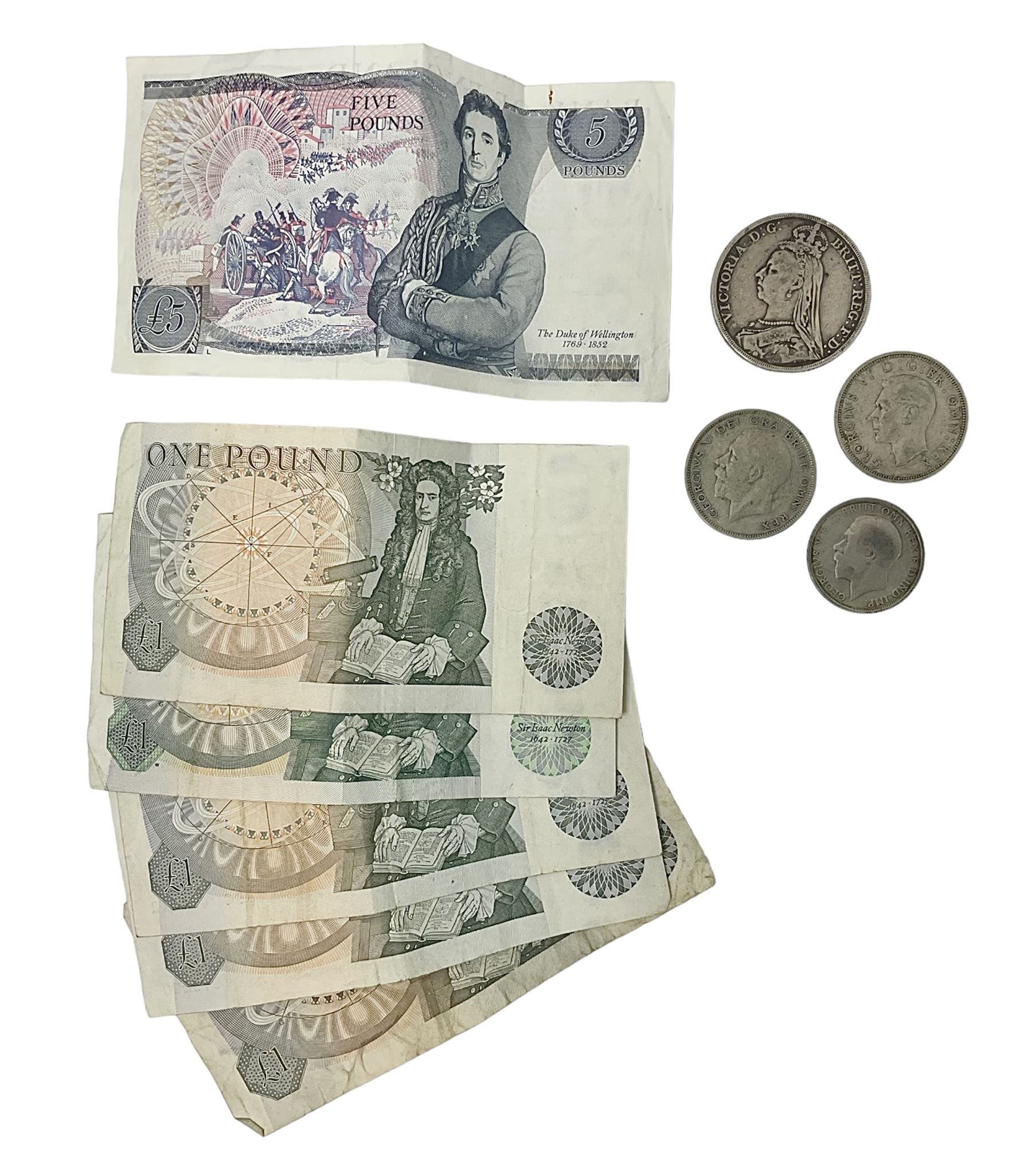 Queen Victoria 1890 crown coin, King George V 1929 half crown, 1922 florin, King George VI 1940 half crown, Bank of England Somerset five pound note 'HW30' and five one pound notes