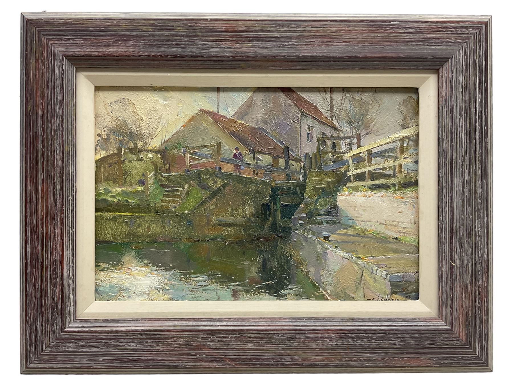 David Jan Curtis (British 1948-): Lock Scene with Figures, oil on board signed 19cm x 29cm