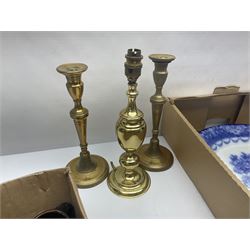 Pair of brass candlesticks, table lamp base, six Victorian glass tealight holders and other collectables