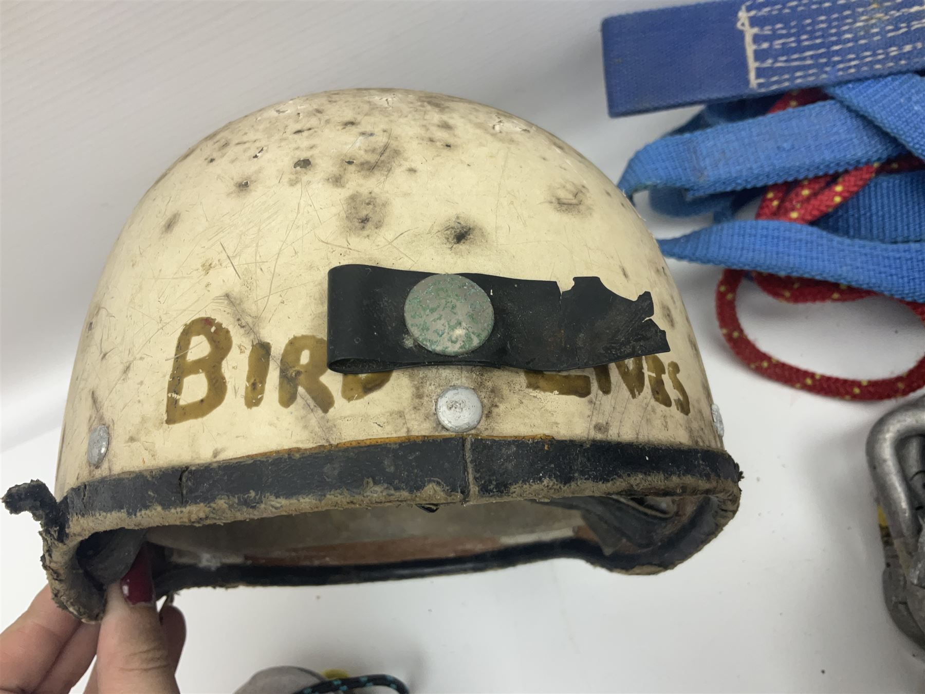 Collection of 1960s/70s climbing equipment including two original Hamish McInnes Pterodactyl ice axes, Joe Brown helmet, carabiners, ropes and wires etc