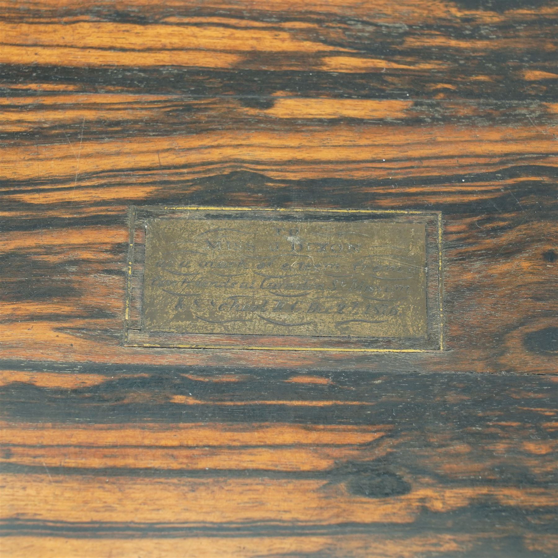  Victorian coromandel table writing slope with presentation plaque to Miss Dixon 1876 W41cm