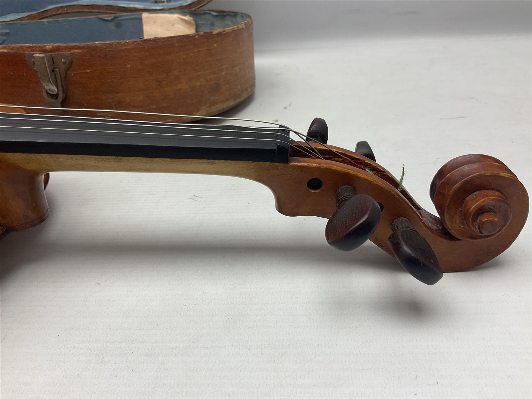 20th century French violin with 36cm one-piece maple back and ribs and spruce top L59cm overall; in mahogany stained wooden carrying case