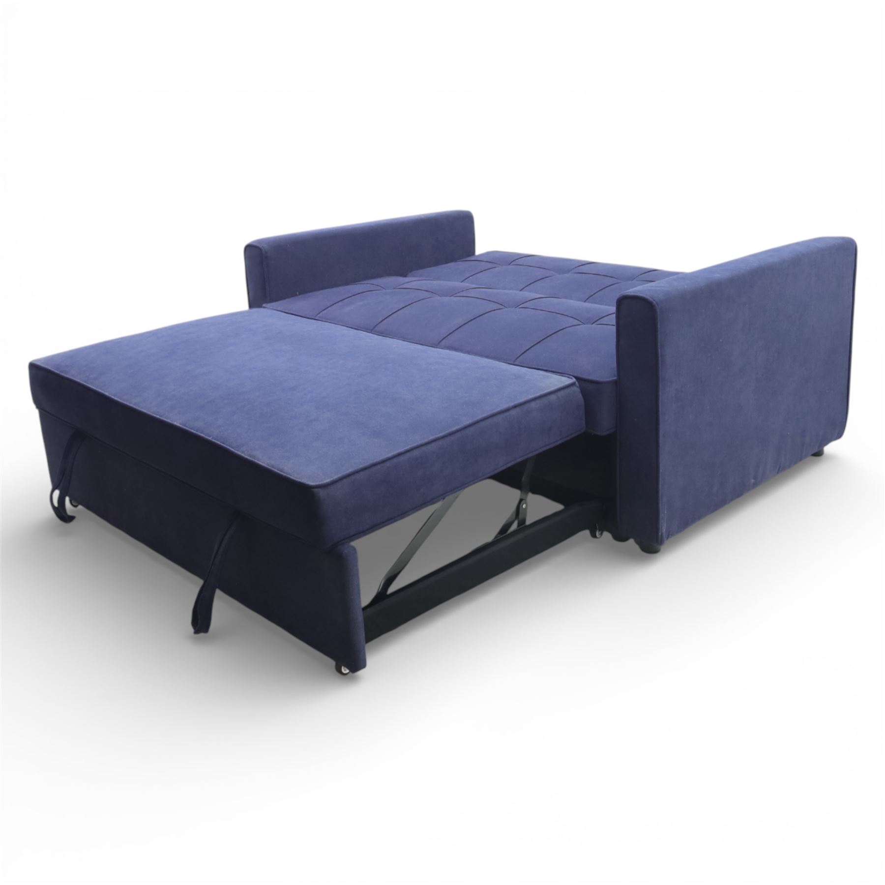 Modern two seat sofa bed upholstered in navy fabric, the rectangular back and seat divided into stitched square panels, with integrated button detailing, straight padded arms of square section, the seat back lowering and extending drawer base to form a sleeping platform