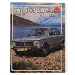Signed Formula 1 memorabilia, including 1973 Milestones magazine signed to the front cover by Graham Hill and three signed photographs comprising Jackie Stewart, Jack Bradbury and Mario Andretti, with certificate of authenticity from Chaucer Auctions