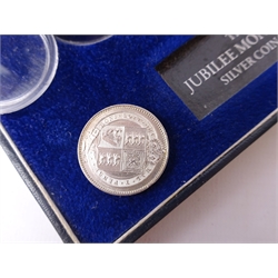  Commemorative coins or medallions 'The Jubilee Monarchs Silver Coin Set' comprising Queen Victoria 1887 shilling and Queen Elizabeth II 1977 silver crown, 'A Celebration Medal to Commemorate the Marriage of HRH The Prince of Wales and Mrs Camilla Parker Bowles' dated 2005, 2015 'The Princess Charlotte of Cambridge Solid Silver Proof Commemorative', 2016 'The Queen Elizabeth II 90th Birthday Solid Silver Proof Coin Collection' and a Canadian 2018 '30th Anniversary of the Silver Maple Leaf', all cased with certificates  