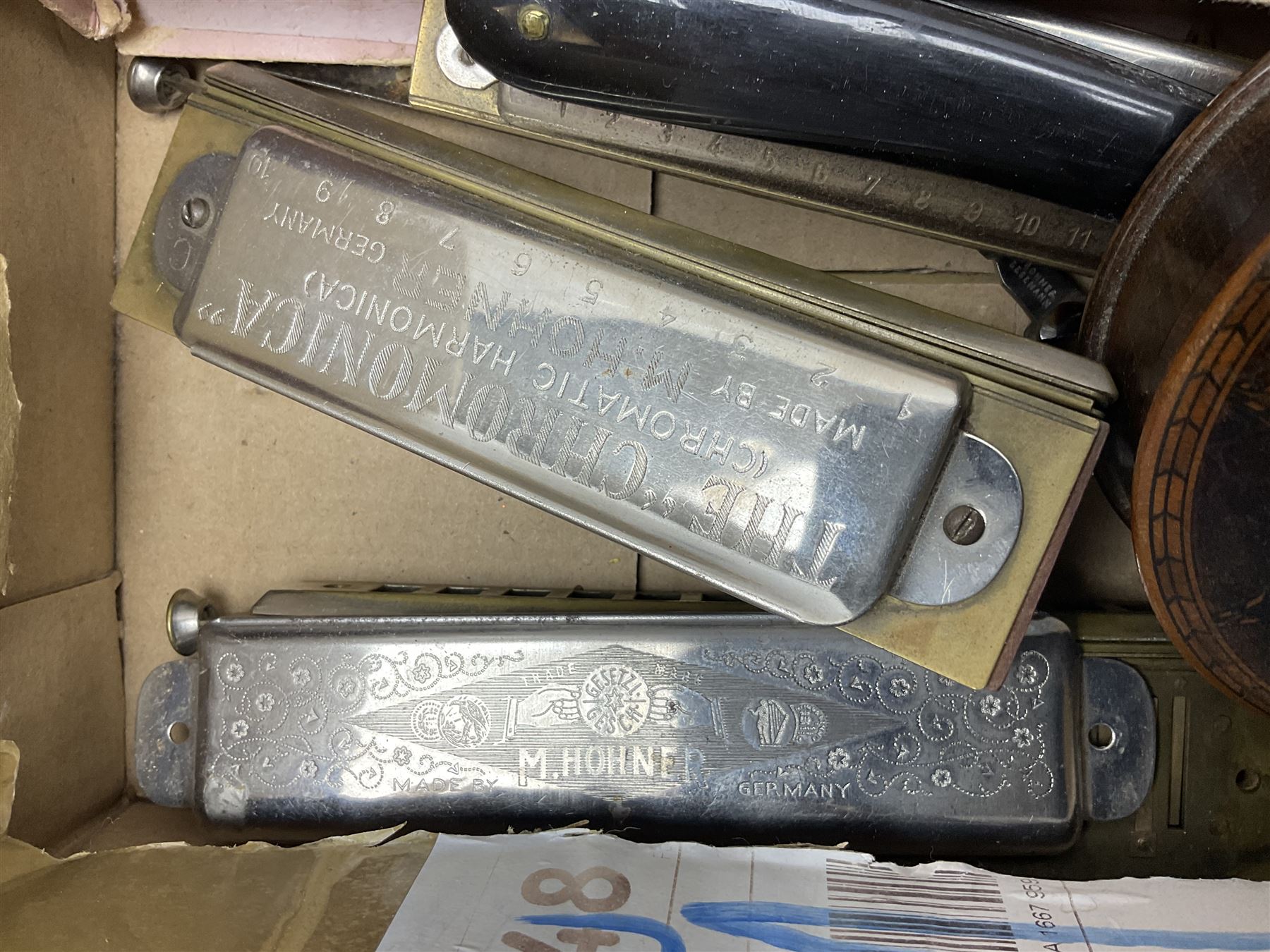 Silver and mother of pearl folding fruit knife together with a similar silver folding button hook, 19th century surgical knife in tortoiseshell cases by Krohne & Sesemann and three Hohner harmonicas, quantity of vintage child's games and toys to include cards, puzzles and misc, Rudyard Kipling, Wood's Illustrated Natural History, Twenty Poems from Rudyard Kipling First published in 1918 Methuen & Co Ltd, London, 1958 Observer cutting etc 