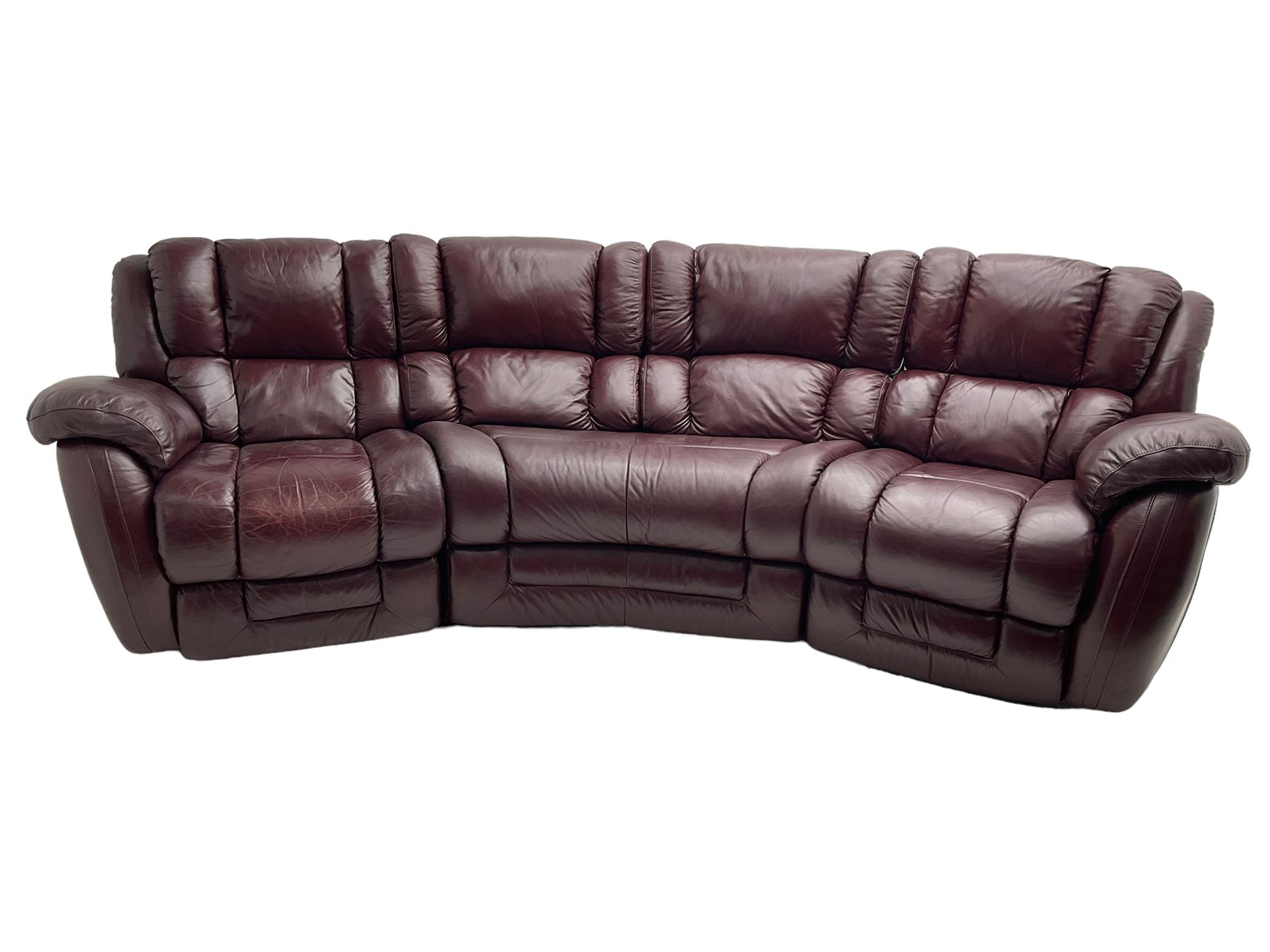 La-Z-boy - large three seat curved sofa, fitted with with end recliners, upholstered in maroon leather