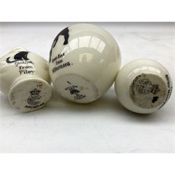 Five crested ware Good Luck black cats, comprising two Willow Art examples, two Arcadian examples and one Carlton China, to include Bridlington, Hull, Filey, etc, tallest H9cm