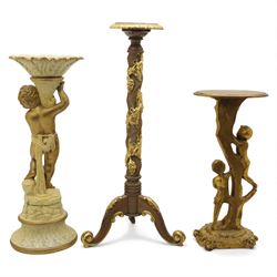 Late 20th century group of three decorative torcheres, comprising a putto-support stand (H 96cm, W 34cm), a gilt and painted columnar torchere on tripod base(H 112cm, W 48cm), and a gilt figural torchere with oval top (H 76cm, W 36cm)