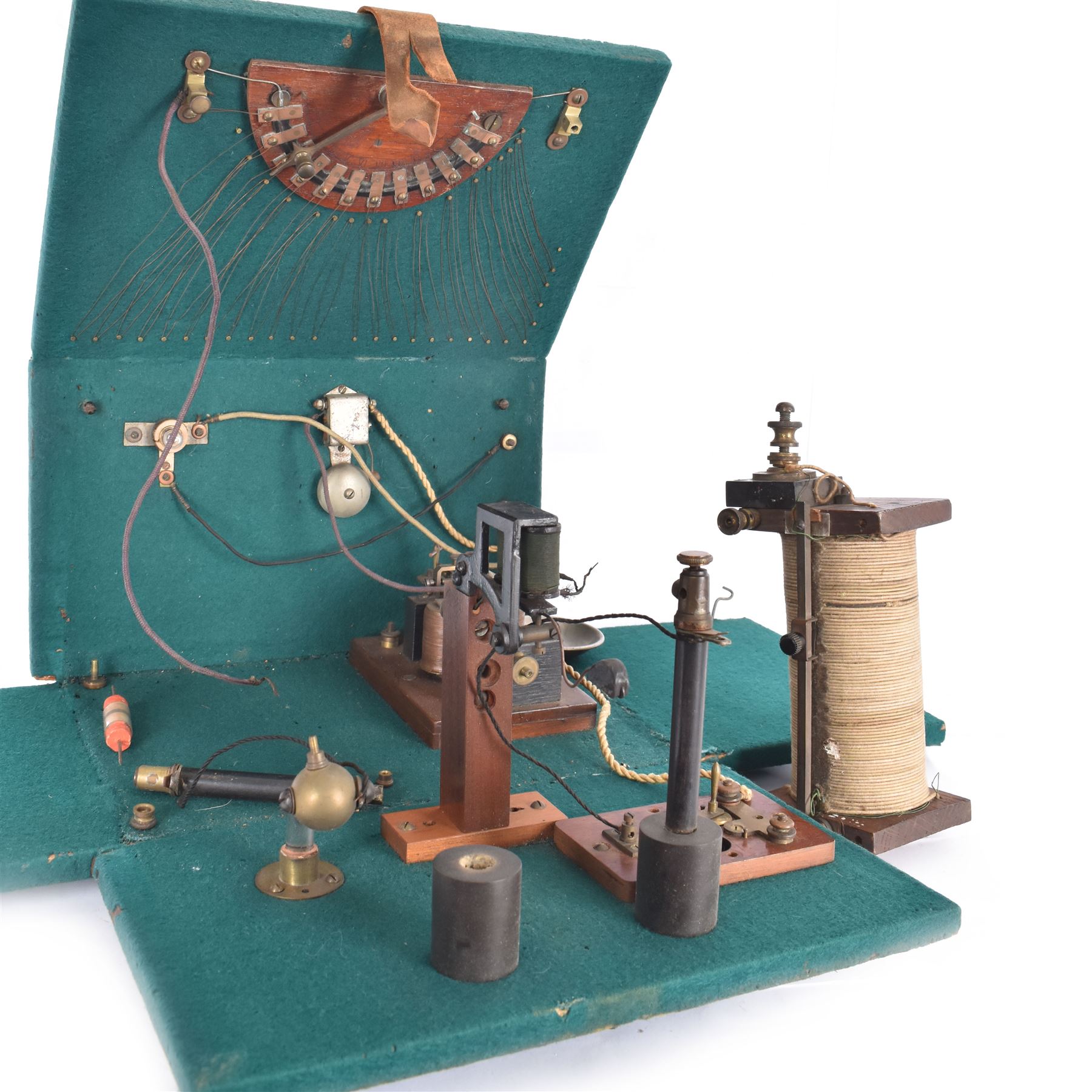 Prototype for a wireless telegram machine, possibly Marconi, contained within a portable folding box
