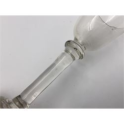 18th century wine glass, the trumpet shaped bowl upon tear drop stem and conical folded foot, H15.5cm, together with an 18th century cordial glass, the round funnel bowl on plain knopped stem and folded conical foot