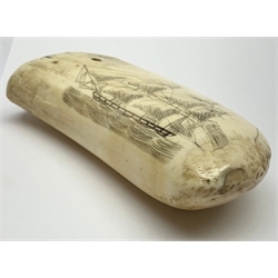  19th century Scrimshaw worked whale tooth decorated to one side with a three-masted ship, L12.5cm x W6.5cm  