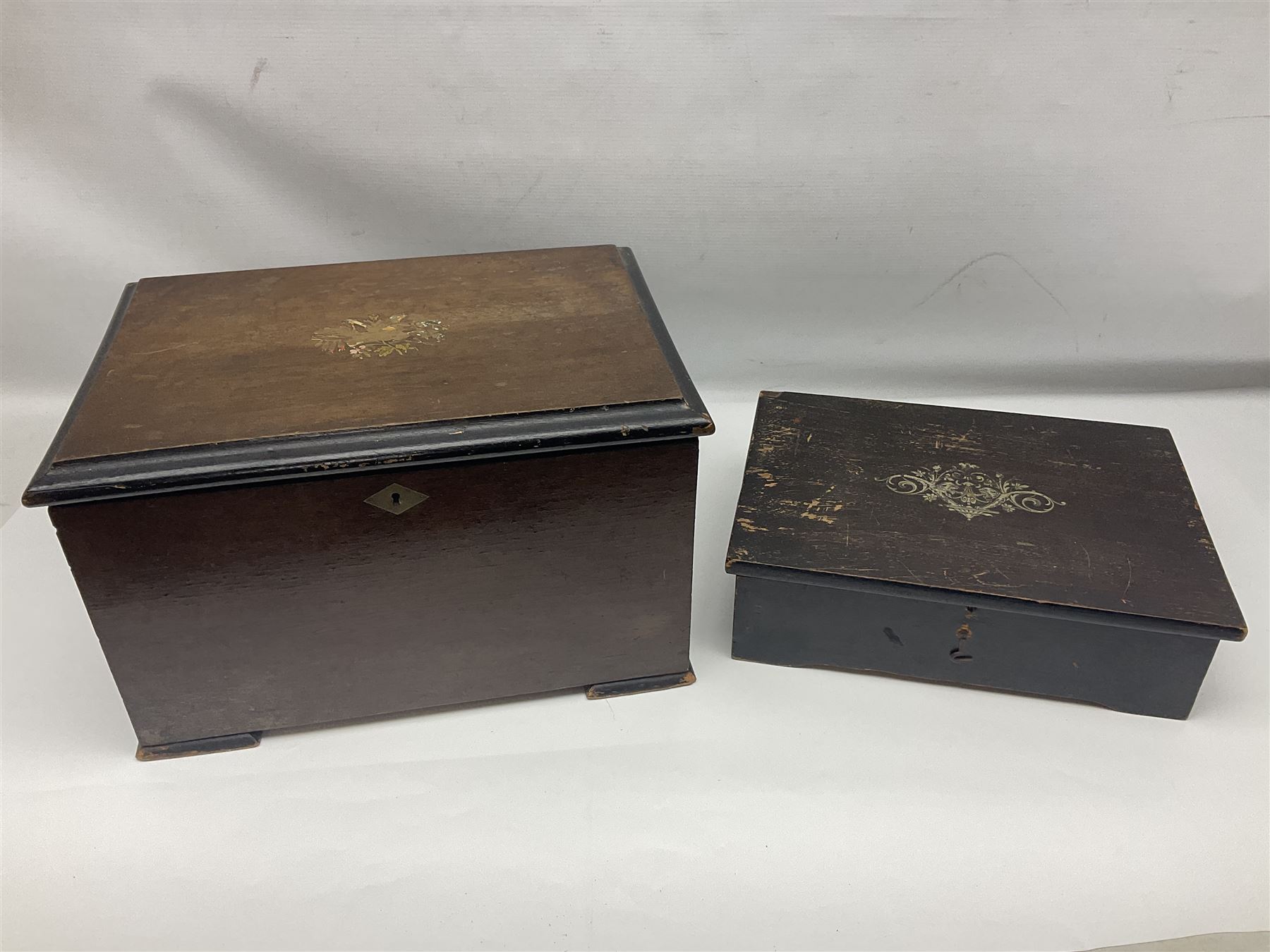 Swiss - 19th-century cylinder music box with three butterfly bells in sight, in a mahogany case with two separately boxed  6” cylinders, glazed viewing lid, 41 tooth comb (one tooth broken) crank key missing, movement untested.