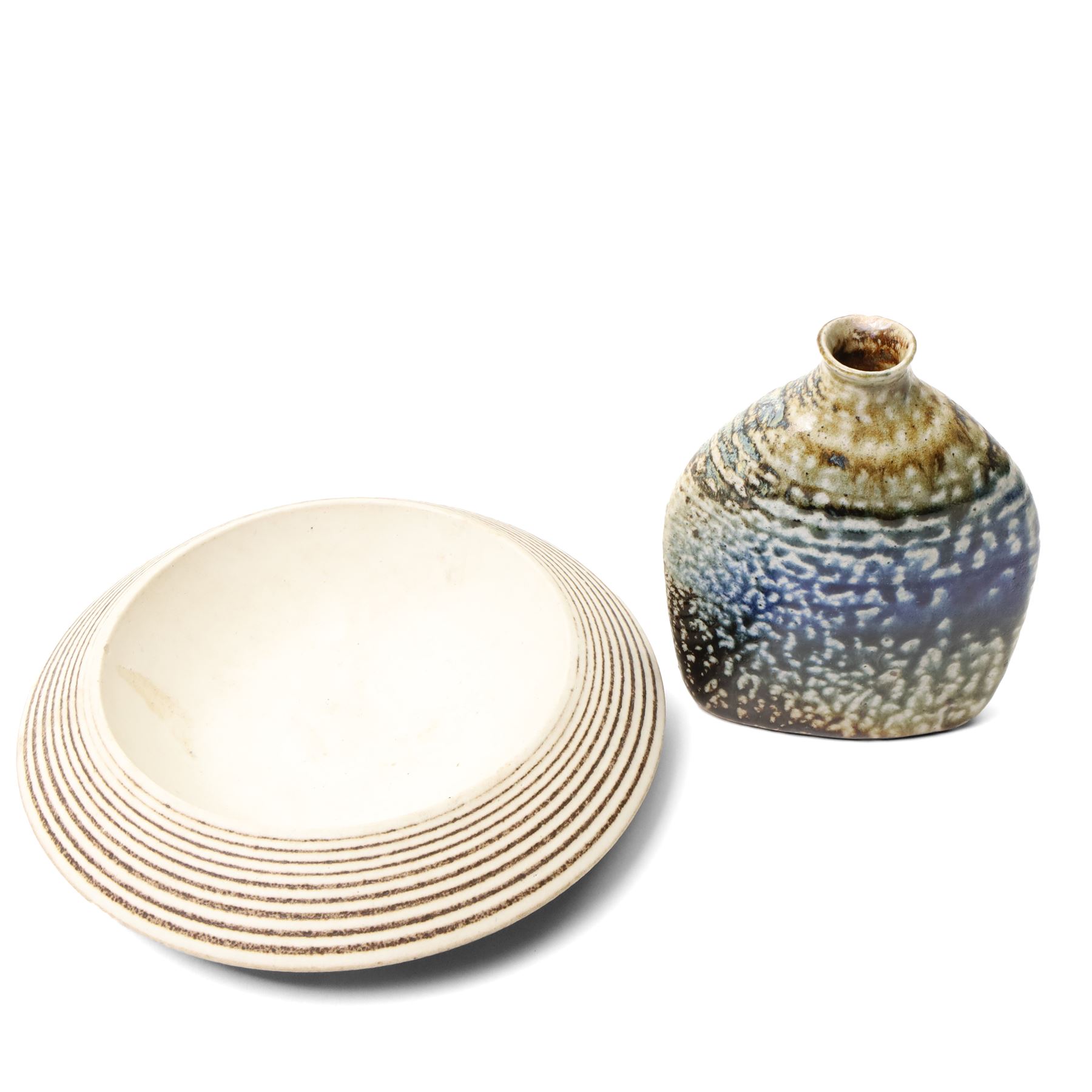 Chris Jenkins (British 1933-2022): studio pottery bowl, D22cm; together with further examples, including a wave design vase by Kyoko Takahashi, and four others variously signed, largest H28cm (6)