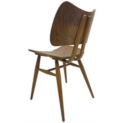 Lucian Ercolani - set of four ercol elm and beech model '401' dining chairs, shaped butterfly back over shaped seat, on splayed tapered supports united by stretchers 