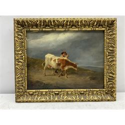 English School (18th/19th century): Farm Boy leading a Cow on a Moorland Track, oil on oak panel unsigned 21cm x 27cm