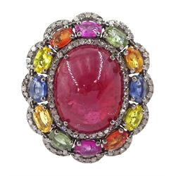 Large silver ruby, diamond and sapphire dress ring, oval cabochon ruby, with oval cut blue, orange, pink, yellow and green sapphires and round brilliant cut diamond surround, ruby approx 14.90 carat, total sapphire weight approx 3.60 carat, total diamond weight approx 0.60 carat