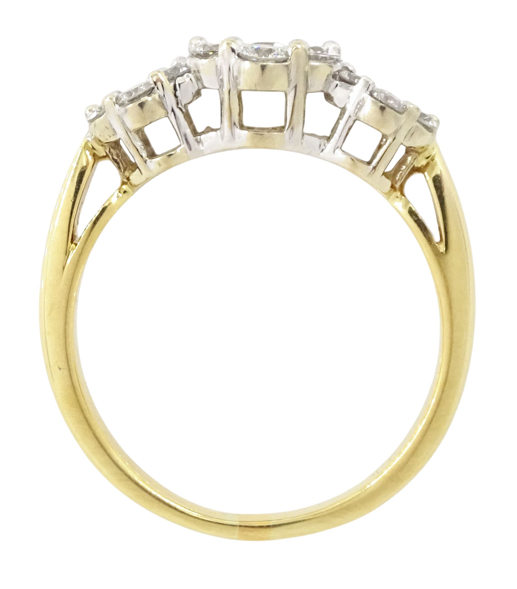 18ct gold diamond flower head cluster ring, three clusters each set with seven round brilliant cut diamonds, total diamond weight approx 0.90 carat