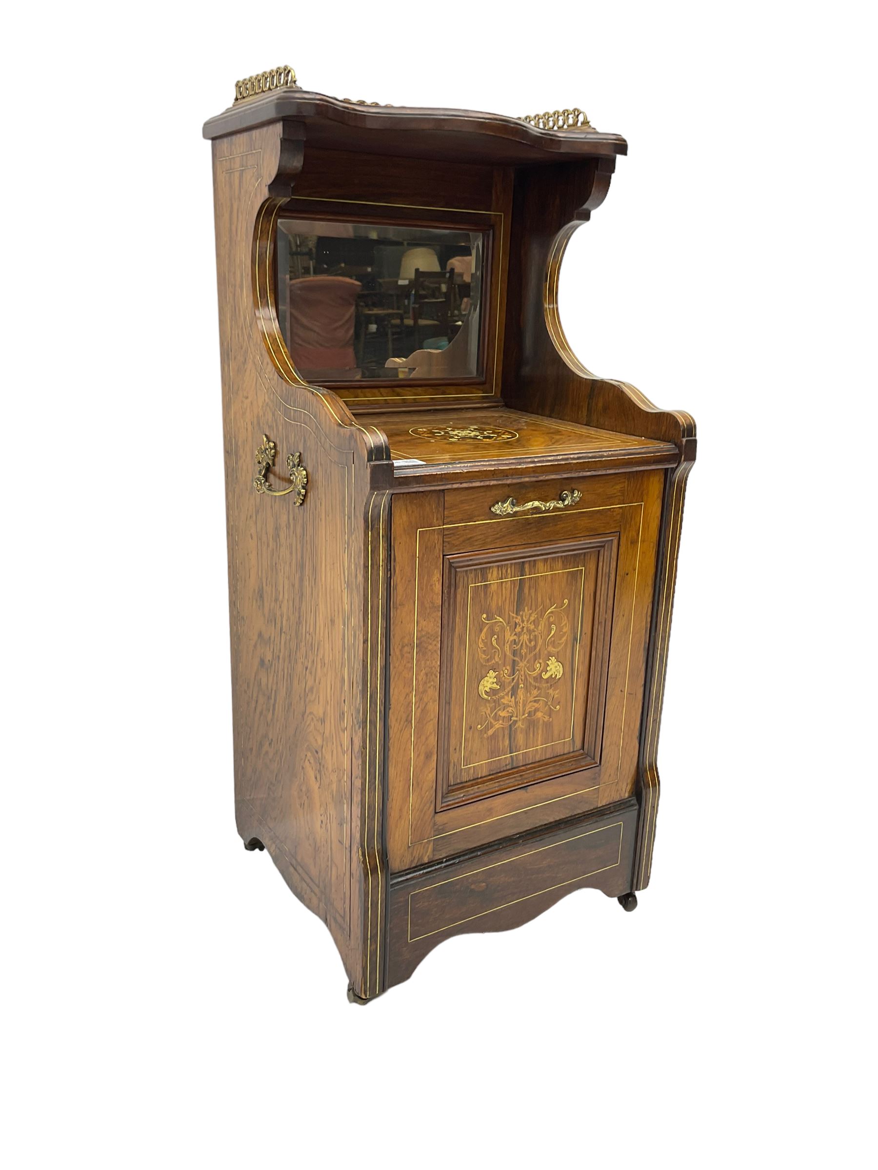 Edwardian inlaid rosewood  fall-front coal purdonium serpentine top with raised fretwork gallery, over bevelled mirror-back, the panelled fall-front door inlaid with foliate patterned ivorine and boxwood, on castors