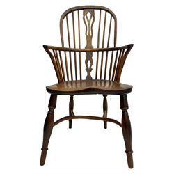 19th century elm, beech and yew wood Windsor armchair, stick back with shaped and pierced splat, turned supports with crinoline stretcher