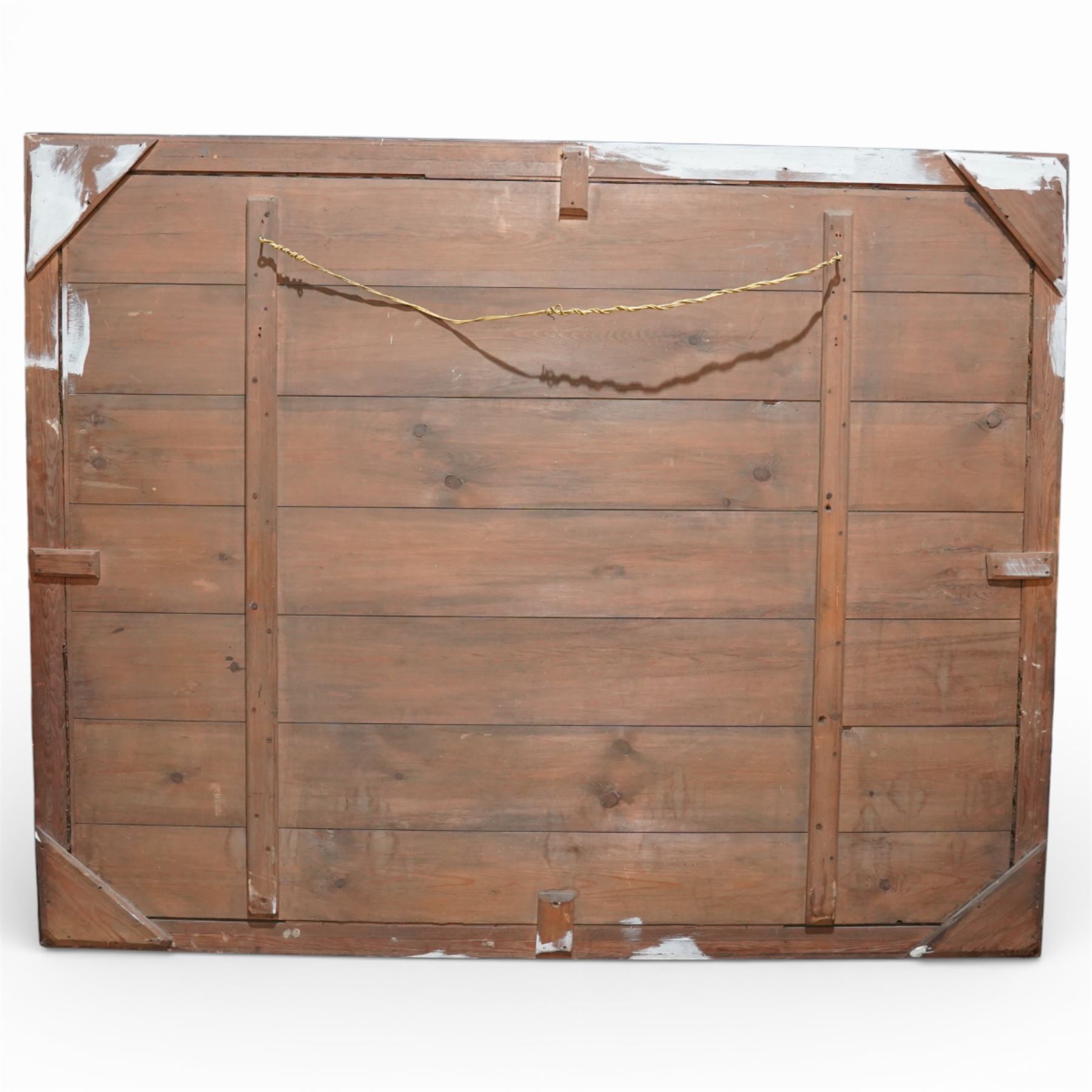 Decorative tapestry panel, the woven composition showing figures in 17th century style costume in an outdoor genre scene, framed within a black painted wooden frame