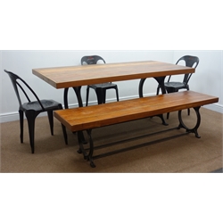  'Barker and Stonehouse' rectangular reclaimed timber slab topped dining table with different specimen hardwoods, cast iron hooped refectory style base (181cm x 91cm, H75cm) one matching bench seat (W181cm, H47cm, D45cm) and three black metal chairs  