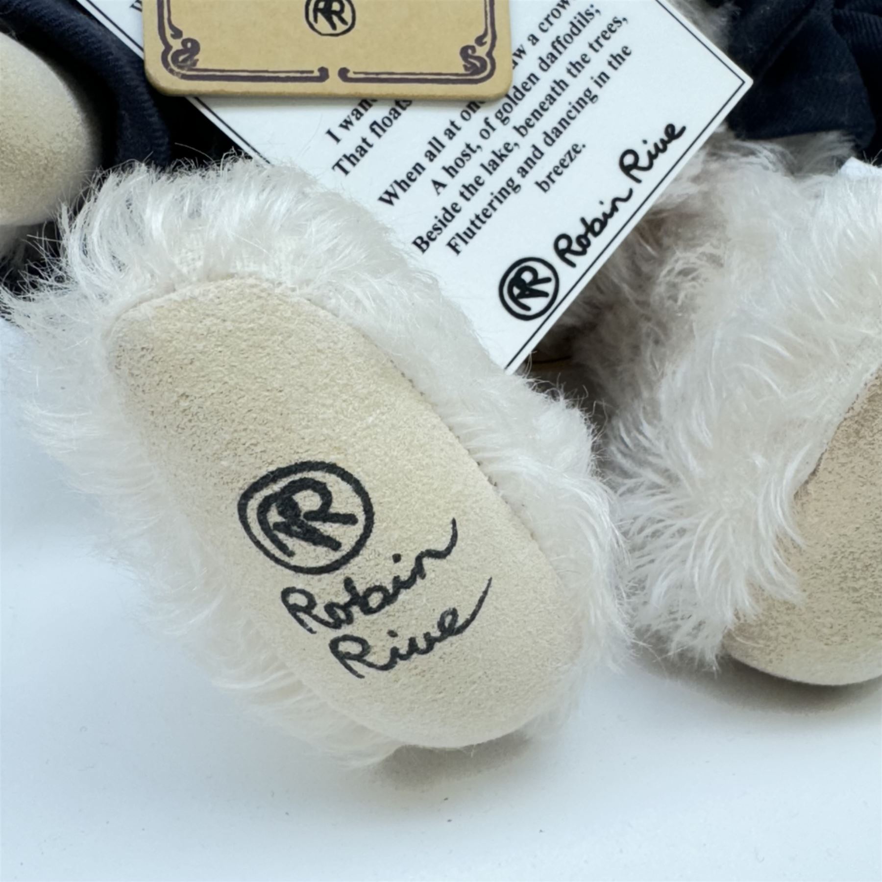 Two Robin Rive limited edition teddy bears, comprising 'Wordsworth', an ivory mohair bear with waistcoat and jacket limited edition no. 31/50 and 'Yehudi' , a yellow bear with violin limited edition no. 54/700, Wordsworth H33cm