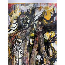 Francis Perera (Sri Lankan 1931-): 'Humanised Bird Tree', mixed media on canvas signed, titled verso 86cm x 63cm (unframed)
Notes: Perera a noted Sri Lankan artist has had many solo exhibitions both in his home country and overseas. He is a six time winner of the Presidential Award, represented Sri Lanka in Washington DC to commemorate the 50th anniversary of its independence, exhibited at the Royal Commonwealth Society in 2002, and at the 20th International Art Festival in Germany.