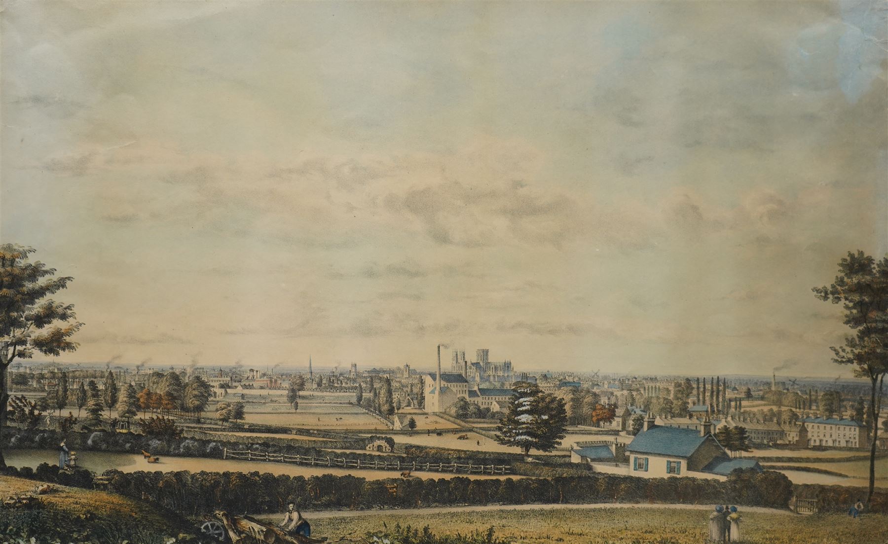 After Henry Cave (British 1779-1836): 'South East Prospect of York', mid-19th century lithograph with hand-colouring pub. c.1840, 35cm x 56cm