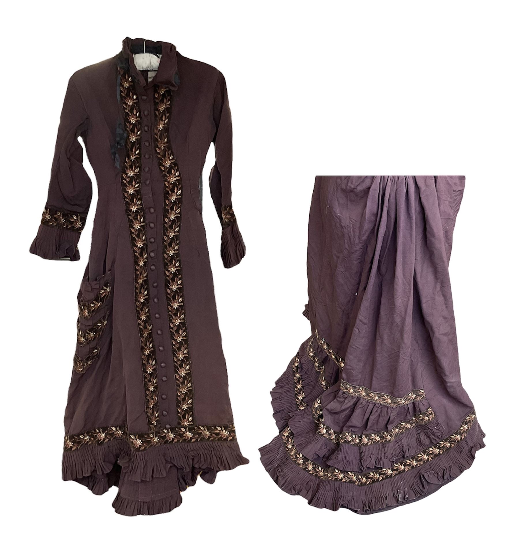 Victorian ladies riding habit, the two-piece construction in brown with embroidered floral velvet edging