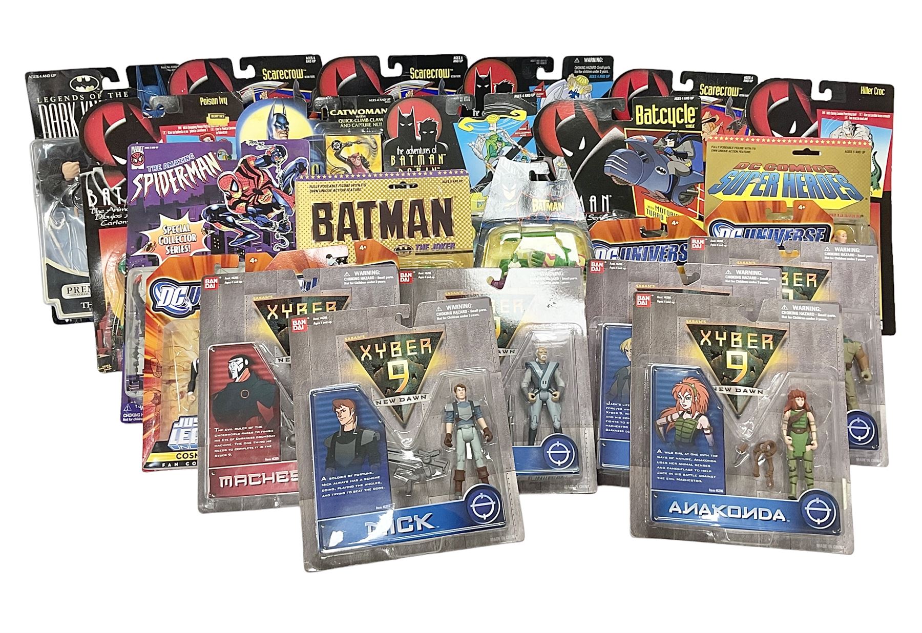 Twenty-four carded action figures of Batman (11) and other Super Heroes including Spiderman, DC Universe, Xyber 9 etc; all in unopened blister packs (24)