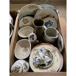 Three boxes of ceramics to include Royal Tuscan ‘Savannah’ pattern coffee wares, wash jug and bowl, and other plates and various ceramics etc